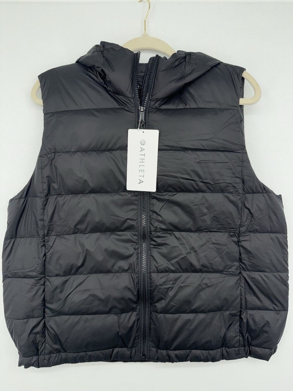 Athleta Aire Puffer Vest Black Hooded Quilted Sleeveless Jacket Womens Large
